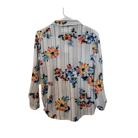 French Laundry Striped Floral Spring Ivory Button Front Long Sleeve Top Small - Picture 3 of 13